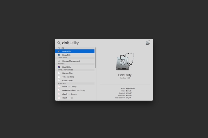 Finding disk utility using spotlight